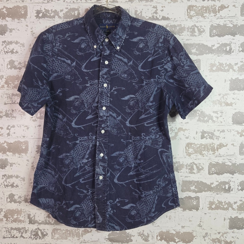 Ralph Lauren Button Down Mens L Blue Koi Fish Slim Fit Nautical Casual Shirt